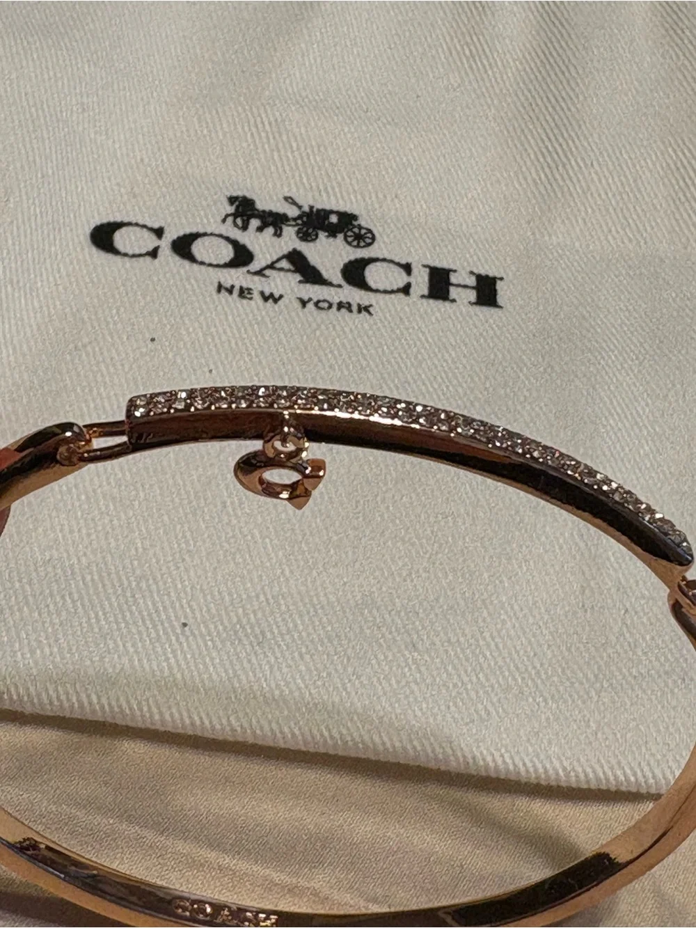 Coach Rose Gold Crystal Pavé Hinged Bangle with 'C' Charm